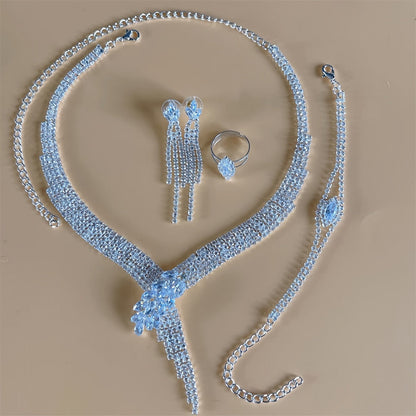Women’s 4pcs Imitation Crystal Jewelry Set – V-Style Tassel Necklace, Dangle Earrings, Bracelet & Ring, Retro Elegant Party Accessories goobingoo