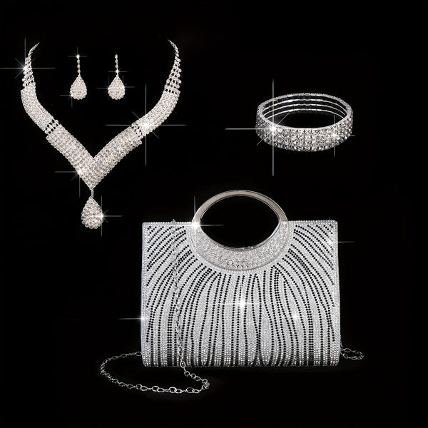 Bridal Evening Clutch & Jewelry Set, 4-Piece Rhinestone Handbag with Necklace, Earrings & Bracelet goobingoo