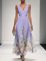 goobingoo Premium Floral V-Neck Maxi Dress - Elegant Ombré Printed Evening Gown