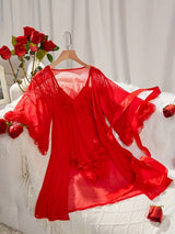 Women’s Sexy Lace See-Through Pajama Set – V-Neck with Flared Sleeves, Romantic Nightwear & Charming Homewear for Intimate Occasions