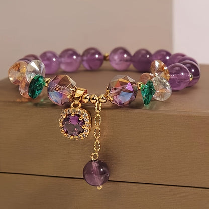 Women’s Amethyst Bead Bracelet with Cubic Zirconia – Elegant Everyday Jewelry Gift goobingoo