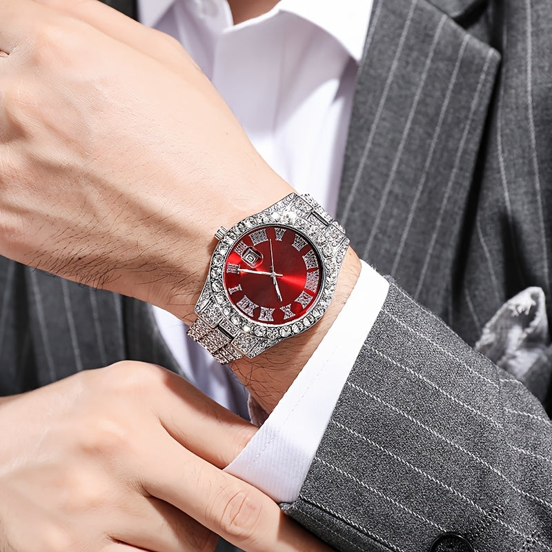 Men’s Luxury Quartz Watch Set – Silver Roman Numeral Rhinestone Watch, Cross Necklace & Bracelet goobingoo