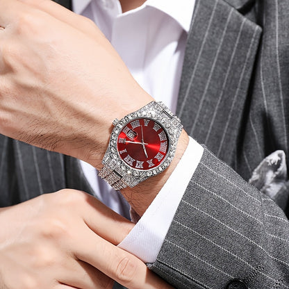 Men’s Luxury Quartz Watch Set – Silver Roman Numeral Rhinestone Watch, Cross Necklace & Bracelet goobingoo