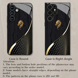 Golden Dragon tempered glass phone case for Samsung Galaxy S25, S24, S23 & more. Black texture design, slim, stylish, and impact-resistant protection.