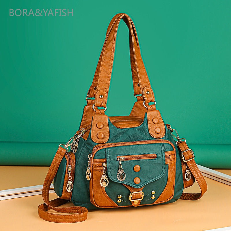 Women’s Rivet Washed Crossbody Bag – Soft Single-Shoulder Handbag with Large Capacity, Multi-Layer Design, Casual & Travel Bag
