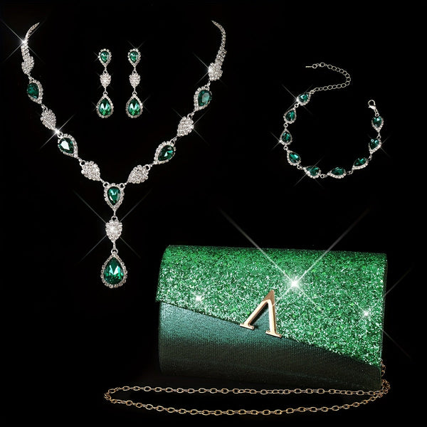 Evening Clutch & Jewelry Set, 4-Piece Rhinestone Handbag with Necklace, Earrings, Bracelet & Ring goobingoo