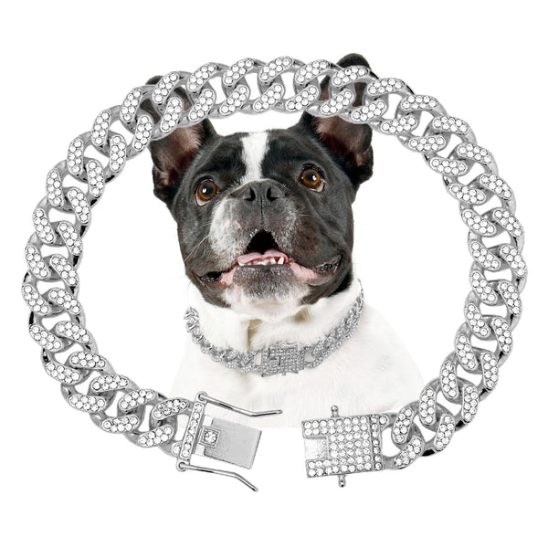 Silver Cuban Link Dog Chain Collar Crystal Pet Necklace