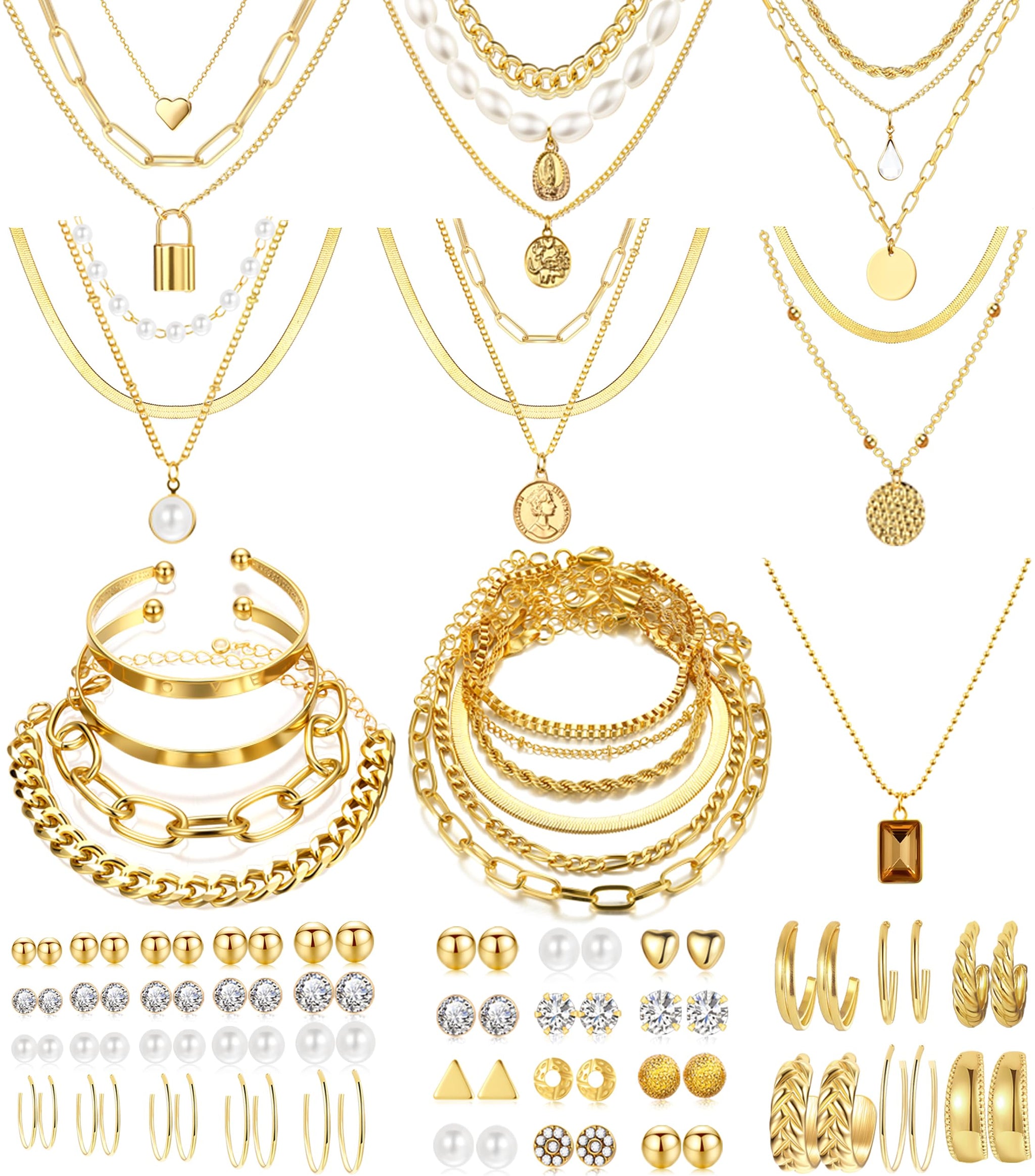 68PCS Gold Jewelry Set for Women Necklaces Bracelets Rings Earrings Bundle