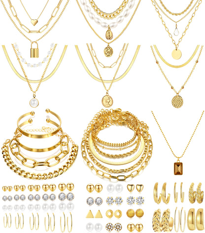 68PCS Gold Jewelry Set for Women Necklaces Bracelets Rings Earrings Bundle
