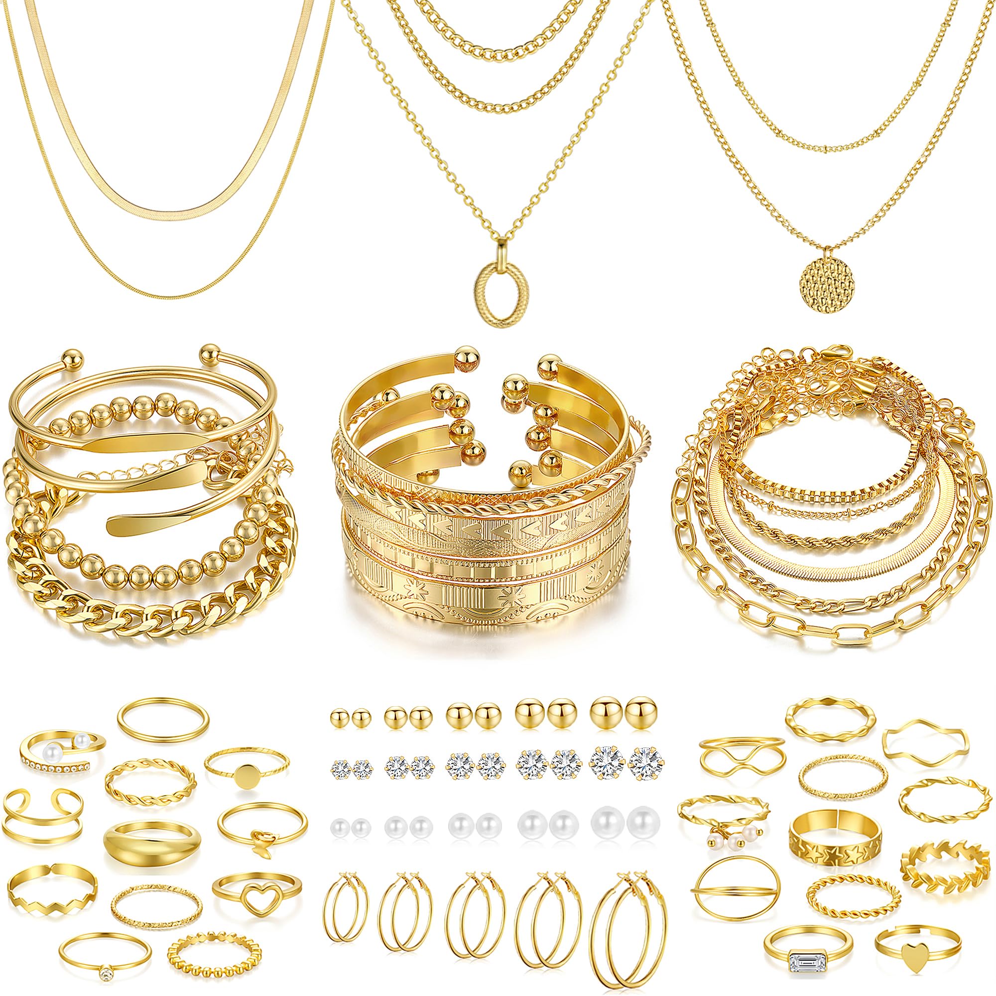 68PCS Gold Jewelry Set for Women Necklaces Bracelets Rings Earrings Bundle