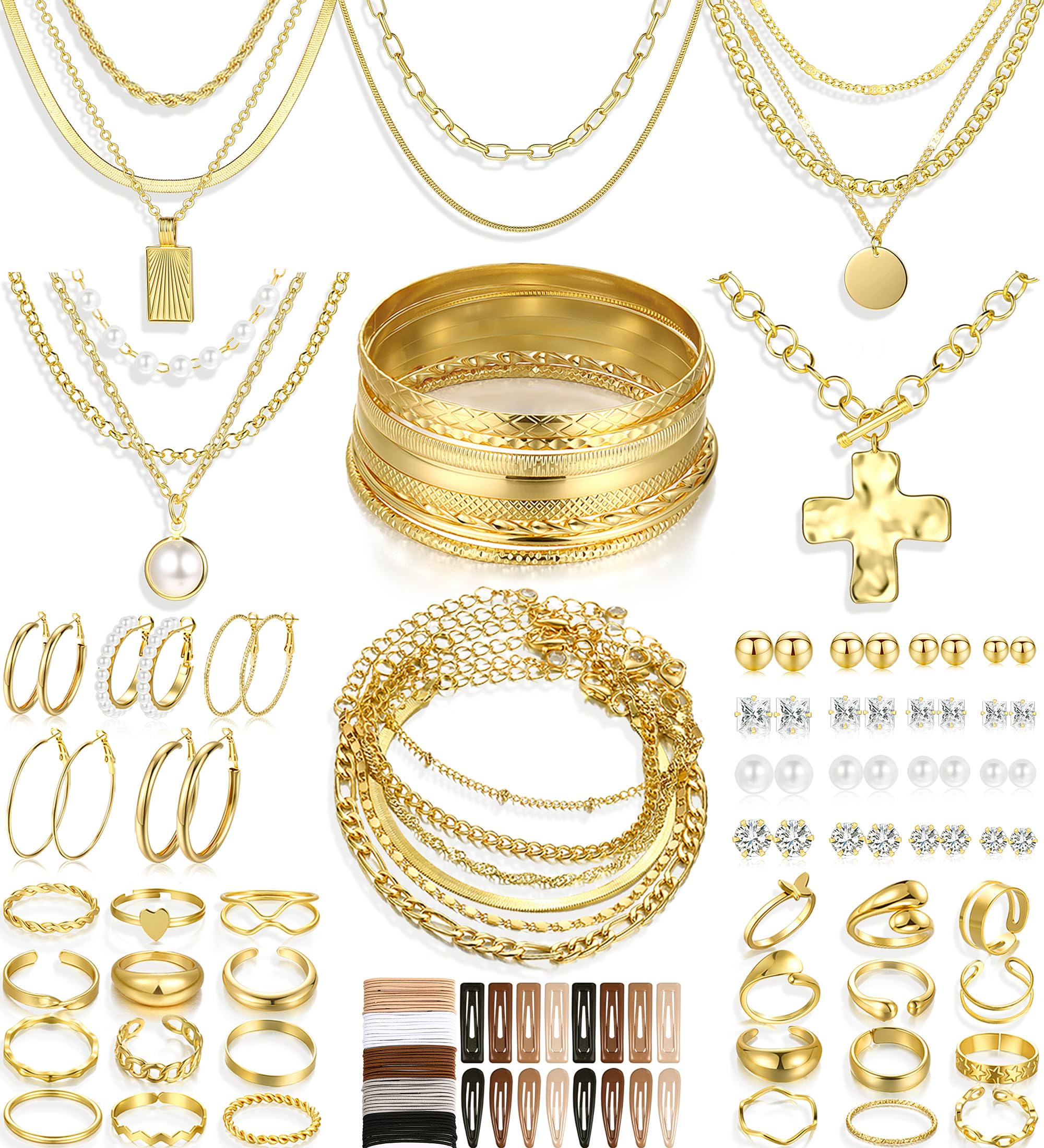 68PCS Gold Jewelry Set for Women Necklaces Bracelets Rings Earrings Bundle