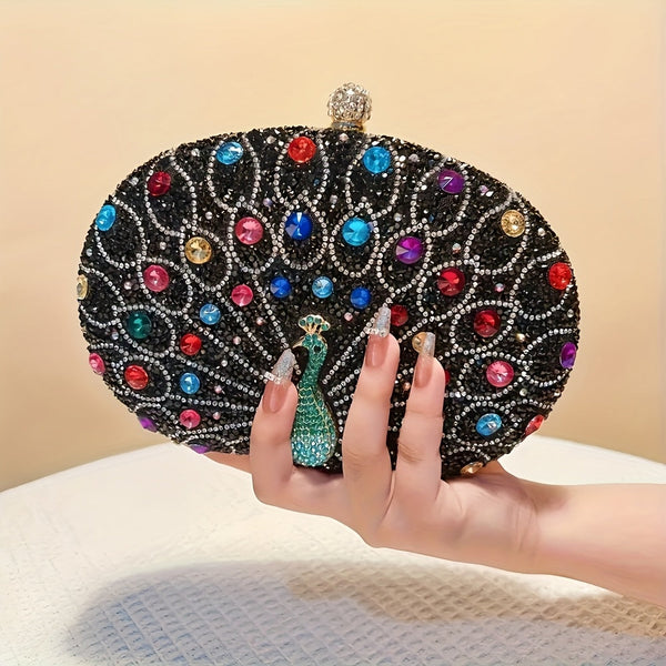 Women’s Peacock Crystal Evening Clutch – Vintage Geometric PU Party Handbag with Detachable Chain goobingoo