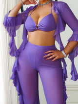 3pcs European & American summer sexy mesh pants set. Ruffled, see-through design in solid colors. Perfect for parties, summer outings, and bold fashion looks.