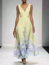 goobingoo Premium Floral V-Neck Maxi Dress - Elegant Ombré Printed Evening Gown