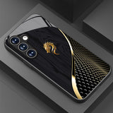 Golden Dragon tempered glass phone case for Samsung Galaxy S25, S24, S23 & more. Black texture design, slim, stylish, and impact-resistant protection.