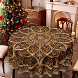 Round Mandala Table Cover – Golden & Brown Beige Fabric Tablecloth, Durable & Easy-to-Clean, Perfect for Christmas, Thanksgiving & Festive Dining