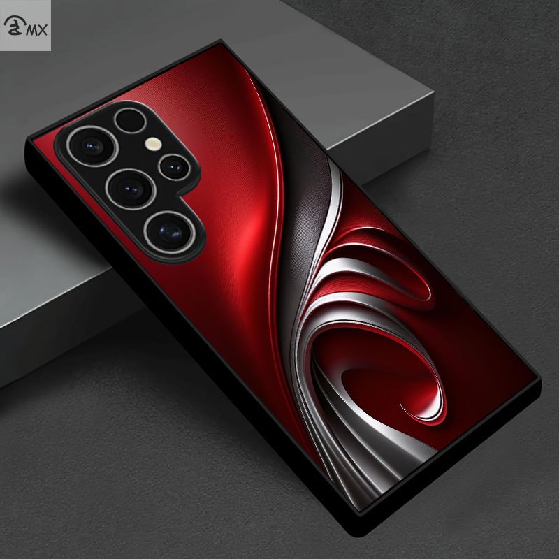 Red, black & golden abstract art Samsung phone case. Tempered glass back, slim, protective design. Compatible with S23-S25 series & stylishly trendy.