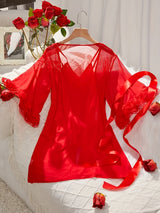 Women’s Sexy Lace See-Through Pajama Set – V-Neck with Flared Sleeves, Romantic Nightwear & Charming Homewear for Intimate Occasions