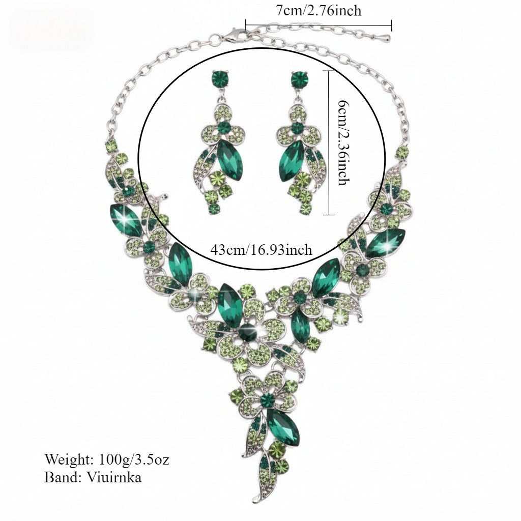 Viuirnka Green Floral Statement Necklace & Earrings Set for Women – Leaf & Flower Motif Jewelry for Weddings, Parties, Prom & Bridesmaid Gifts goobingoo