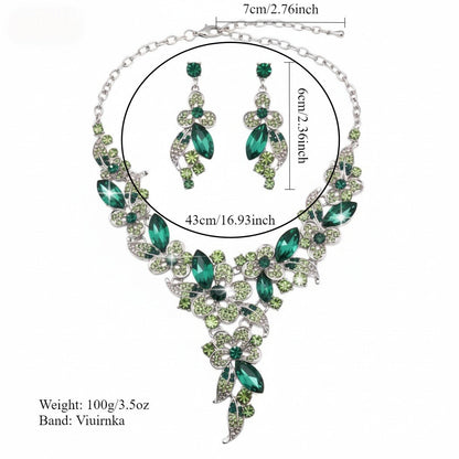 Viuirnka Green Floral Statement Necklace & Earrings Set for Women – Leaf & Flower Motif Jewelry for Weddings, Parties, Prom & Bridesmaid Gifts goobingoo