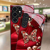 Elegant butterfly & pearl rose Samsung phone case. Slim, protective design for S9+ through S25 series. Stylish, lightweight, and perfect for gifting.