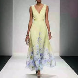 goobingoo Premium Floral V-Neck Maxi Dress - Elegant Ombré Printed Evening Gown