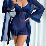 European & American Women’s Sexy Lace Nightgown – Elegant Halter Dress with Mesh Outer Robe, Solid Color Homewear Set