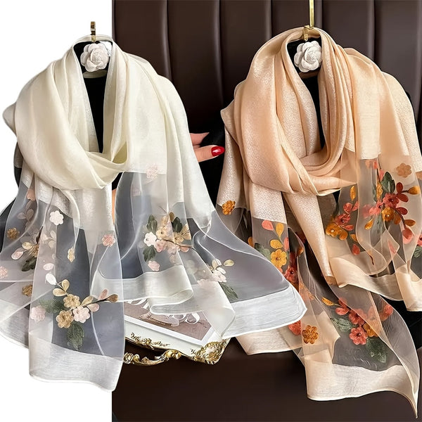 2pcs Women’s Embroidered Begonia Flower Scarves – Dual-Layer Lightweight Shawls, Breathable, Sunscreen & Windproof Wraps for Outdoor, Casual Wear & Gifts goobingoo