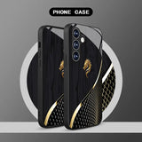 Golden Dragon tempered glass phone case for Samsung Galaxy S25, S24, S23 & more. Black texture design, slim, stylish, and impact-resistant protection.