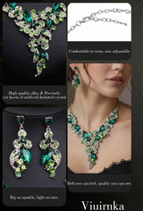 Viuirnka Green Floral Statement Necklace & Earrings Set for Women – Leaf & Flower Motif Jewelry for Weddings, Parties, Prom & Bridesmaid Gifts