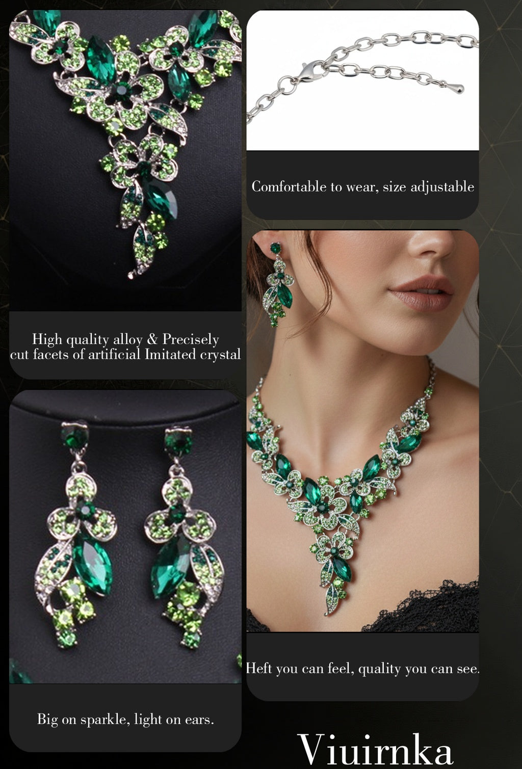 Viuirnka Green Floral Statement Necklace & Earrings Set for Women – Leaf & Flower Motif Jewelry for Weddings, Parties, Prom & Bridesmaid Gifts goobingoo
