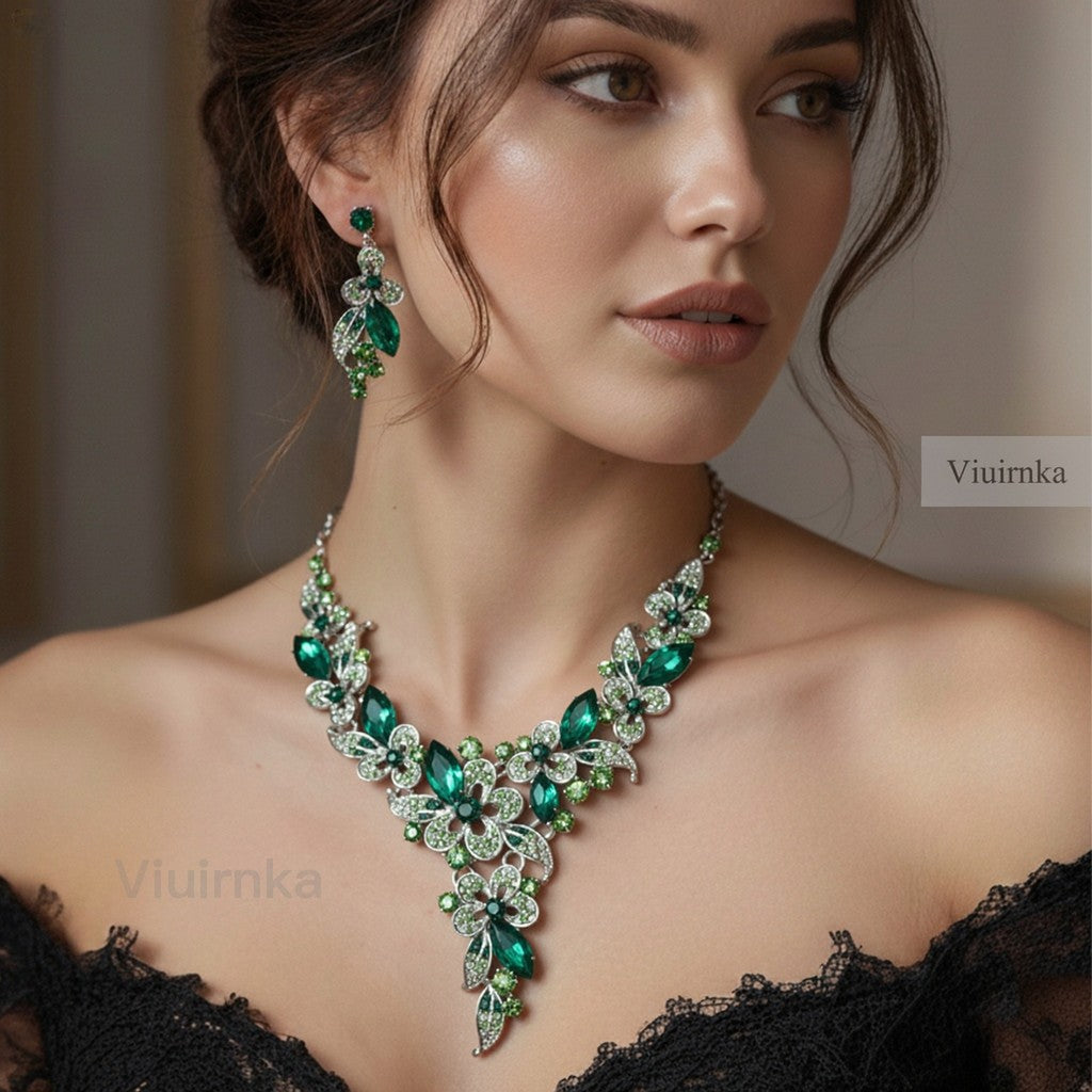Viuirnka Green Floral Statement Necklace & Earrings Set for Women – Leaf & Flower Motif Jewelry for Weddings, Parties, Prom & Bridesmaid Gifts