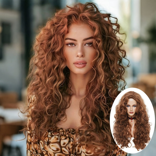 Women's Long Curly Wig – Voluminous Brown Waves with Natural Middle Part goobingoo