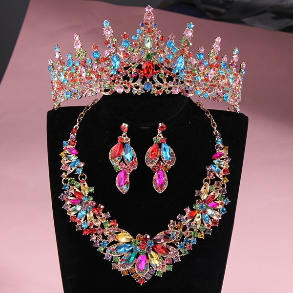 Luxury Colorful Crystal Bridal Headpiece & Jewelry Set – Crown, Necklace & Earrings for Weddings, Parties & Special Occasions goobingoo