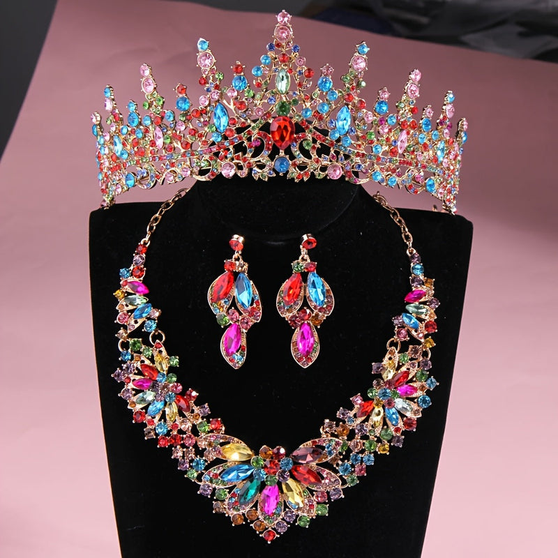 Luxury Colorful Crystal Bridal Headpiece & Jewelry Set – Crown, Necklace & Earrings for Weddings, Parties & Special Occasions