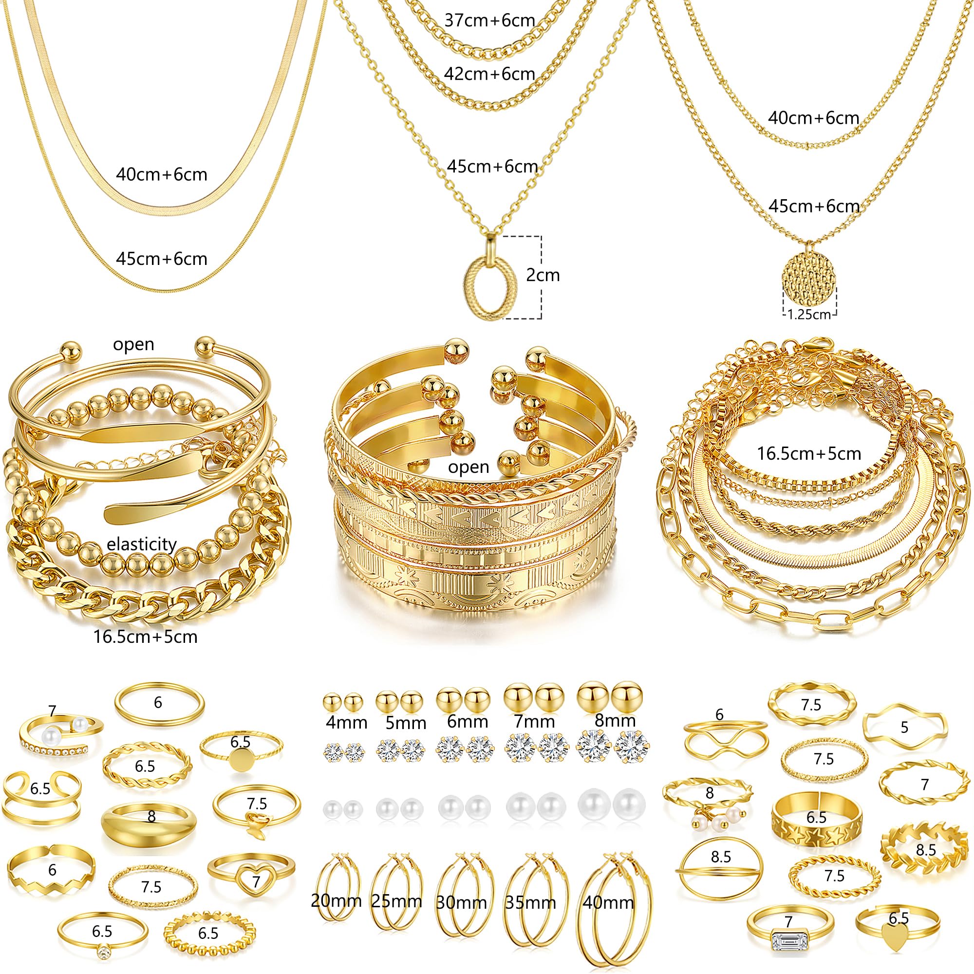 68PCS Gold Jewelry Set for Women Necklaces Bracelets Rings Earrings Bundle