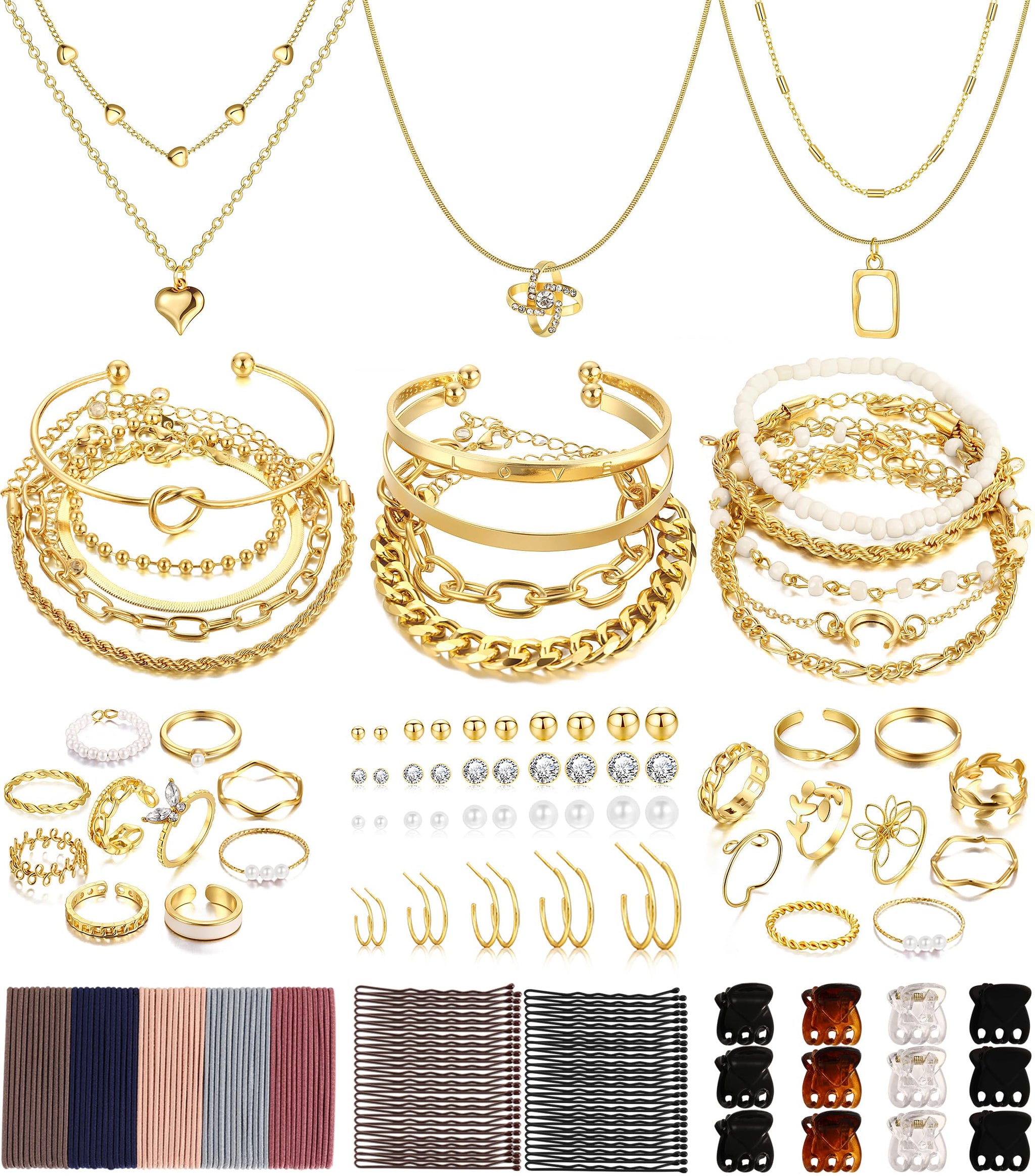 68PCS Gold Jewelry Set for Women Necklaces Bracelets Rings Earrings Bundle
