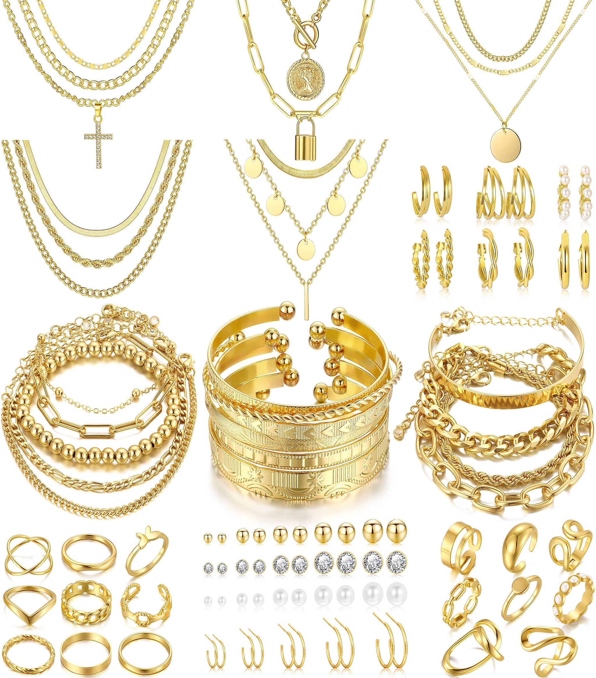 68PCS Gold Jewelry Set for Women Necklaces Bracelets Rings Earrings Bundle