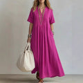 goobingoo Women's V-Neck Pleated Cotton Linen Dress