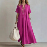 goobingoo Women's V-Neck Pleated Cotton Linen Dress