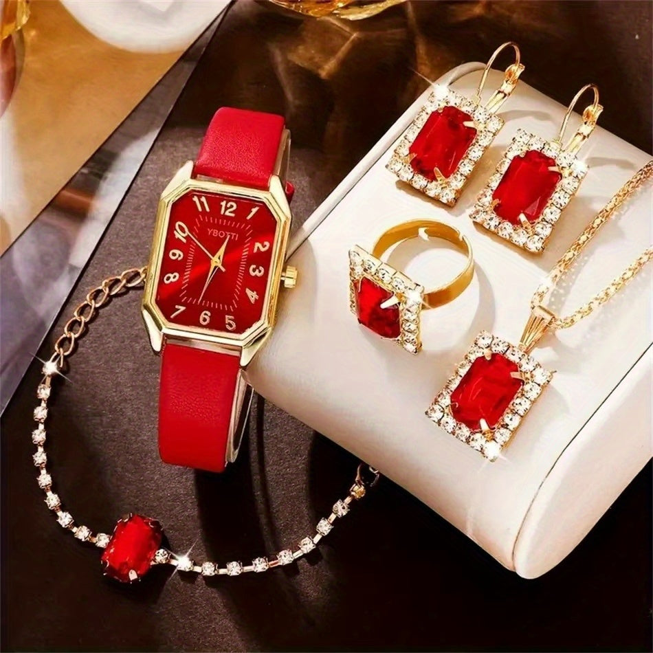 Elegant 6pcs Women's PU Leather Quartz Watch & Jewelry Gift Set - Matching Bracelet, Ring, Earrings & Necklace - Complete Accessory Suite for Birthdays,, Weddings - Luxury Watch for & goobingoo