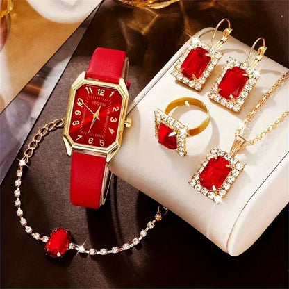 Elegant 6pcs Women's PU Leather Quartz Watch & Jewelry Gift Set - Matching Bracelet, Ring, Earrings & Necklace - Complete Accessory Suite for Birthdays,, Weddings - Luxury Watch for & goobingoo