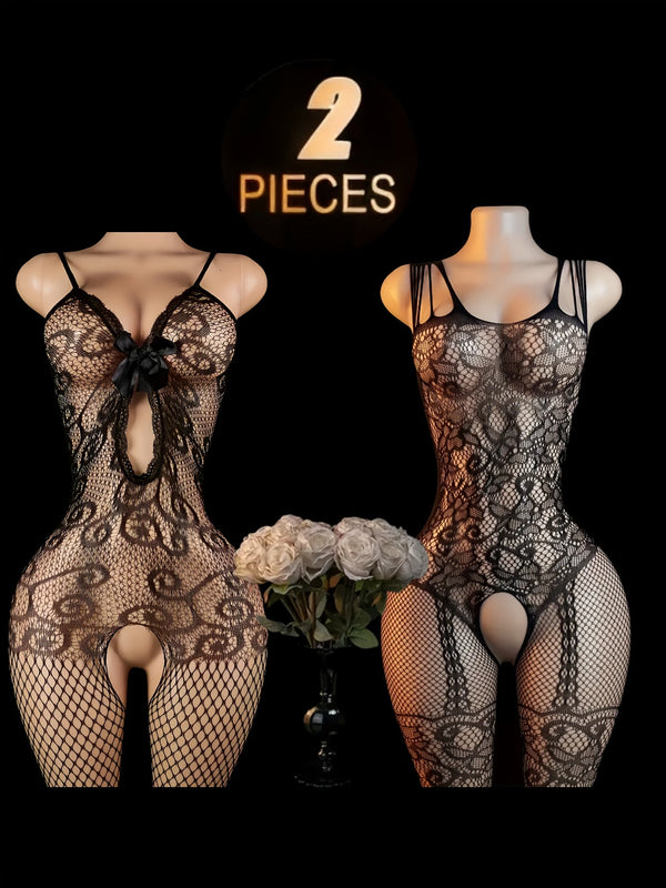 Women’s 2-Piece Black Lace Bodysuit Set – Short Sleeve Floral Fishnet Lingerie with Thigh-High Stockings, Seamless Back, Valentine’s Day & Wedding Outfit goobingoo