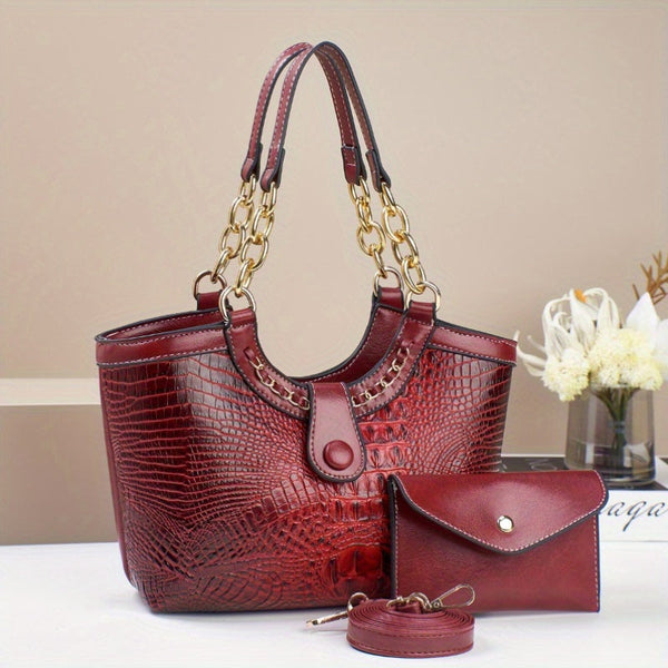 2pcs PU crocodile embossed women’s bag set. Versatile shoulder and crossbody bags with premium hardware, perfect for gifts, daily use, or travel. goobingoo