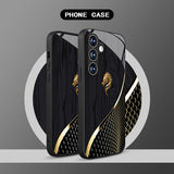 Golden Dragon tempered glass phone case for Samsung Galaxy S25, S24, S23 & more. Black texture design, slim, stylish, and impact-resistant protection.