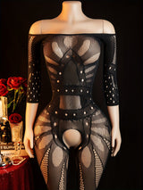 Women’s Sexy Mesh Bodystocking – Long Sleeve Fishnet Jumpsuit with Geometric Cut-Out Design for Intimate & Romantic Occasions
