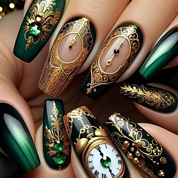 24pcs/48pcs Coffin Press-On Nails – Dark Green, Black & Gold Embossed Palace Design, 3D Clock Metal Effect Fake Nails with Jelly Glue & Nail File goobingoo