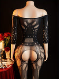 Women’s Sexy Mesh Bodystocking – Long Sleeve Fishnet Jumpsuit with Geometric Cut-Out Design for Intimate & Romantic Occasions goobingoo