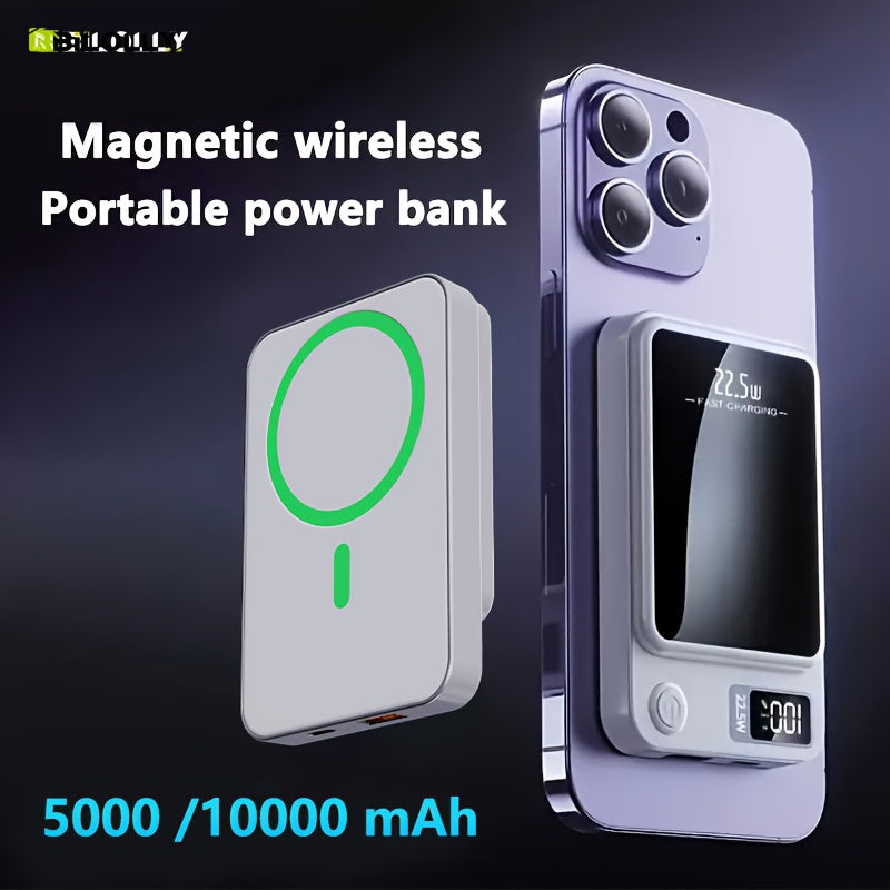 BiLOLLY Magnetic Power Bank 10000mAh / 5000mAh – Ultra-Thin 22.5W Fast Wireless Charger with LED Display