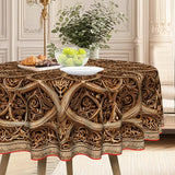 Round Mandala Table Cover – Golden & Brown Beige Fabric Tablecloth, Durable & Easy-to-Clean, Perfect for Christmas, Thanksgiving & Festive Dining